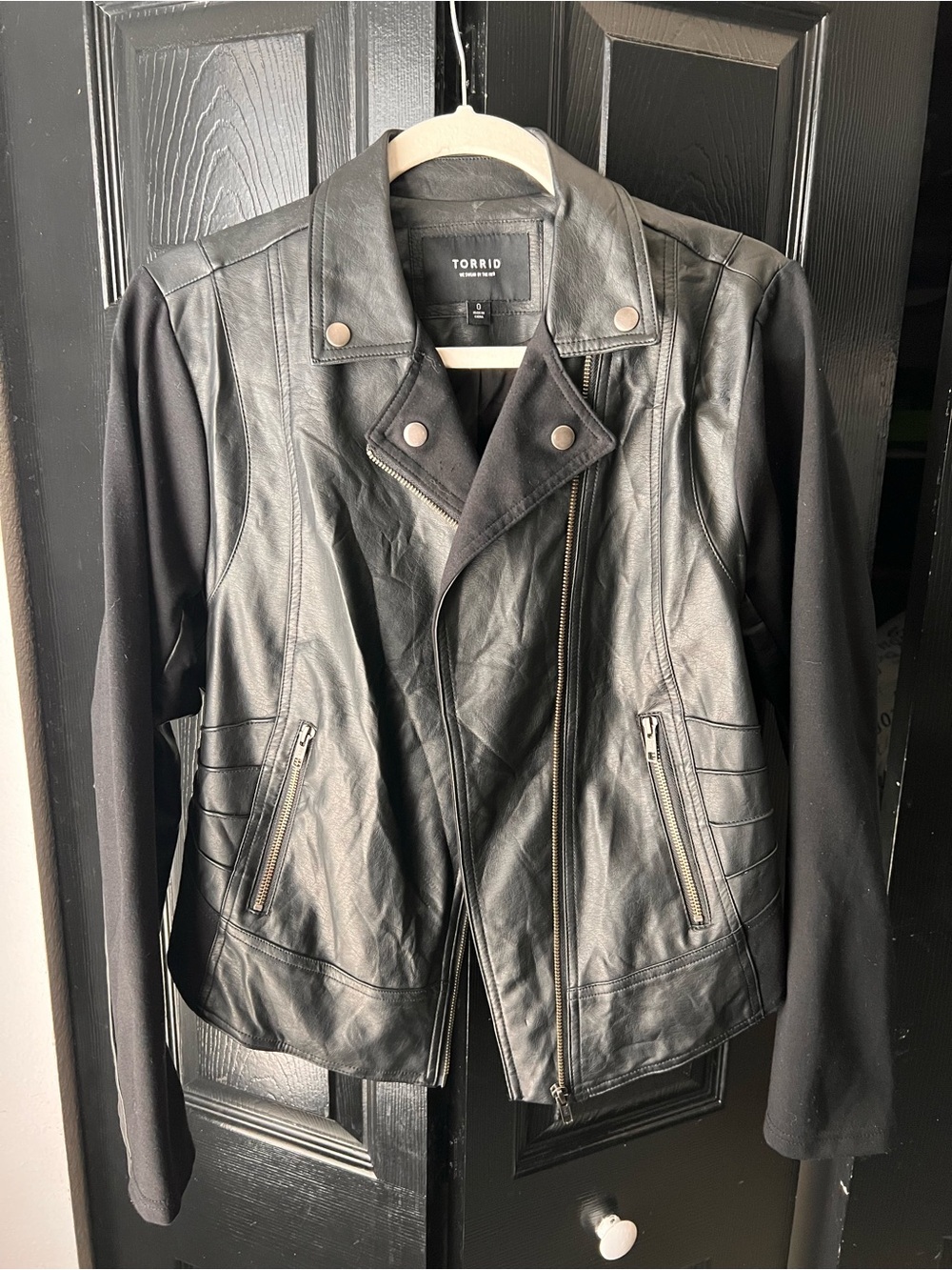 torrid Black Faux Leather Moto Jacket with Knit Sleeves